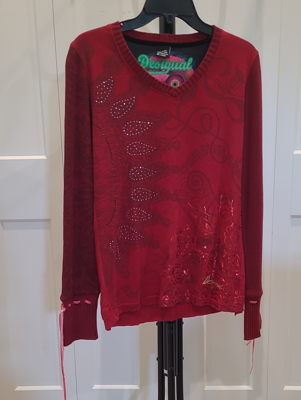 Desigual Red V-Neck Embellished Knit Sweater With Ribbons & Rhinestones